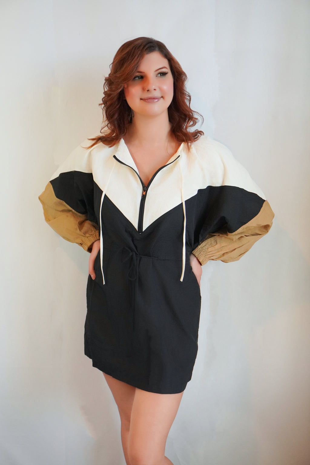 Colorblock Black, Gold, and White Windbreaker Mini Dress