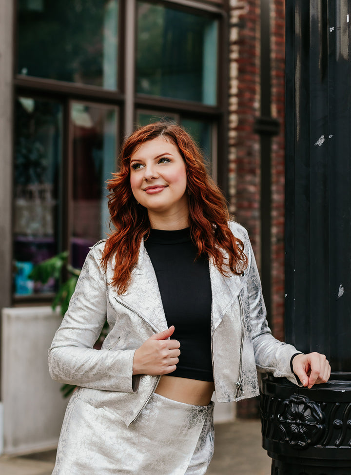 Metallic Silver Cropped Moto Jacket (Jacket &amp; Skort sold separately) 