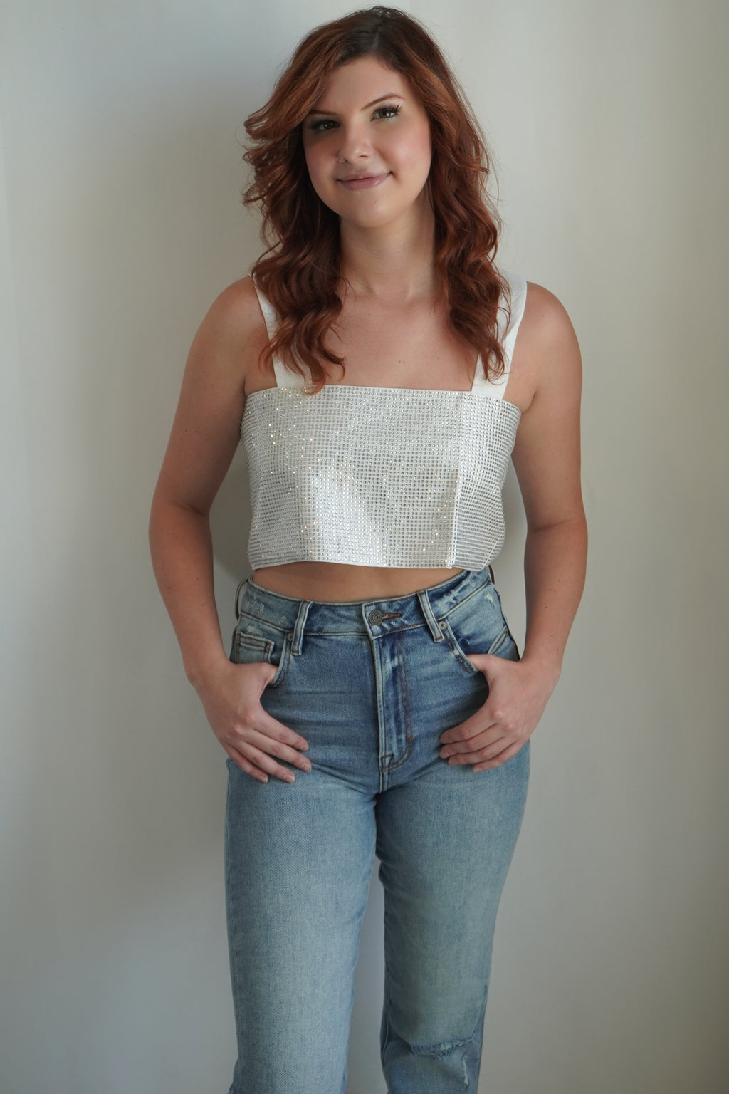 Shimmering White Asymmetric Crop Top 