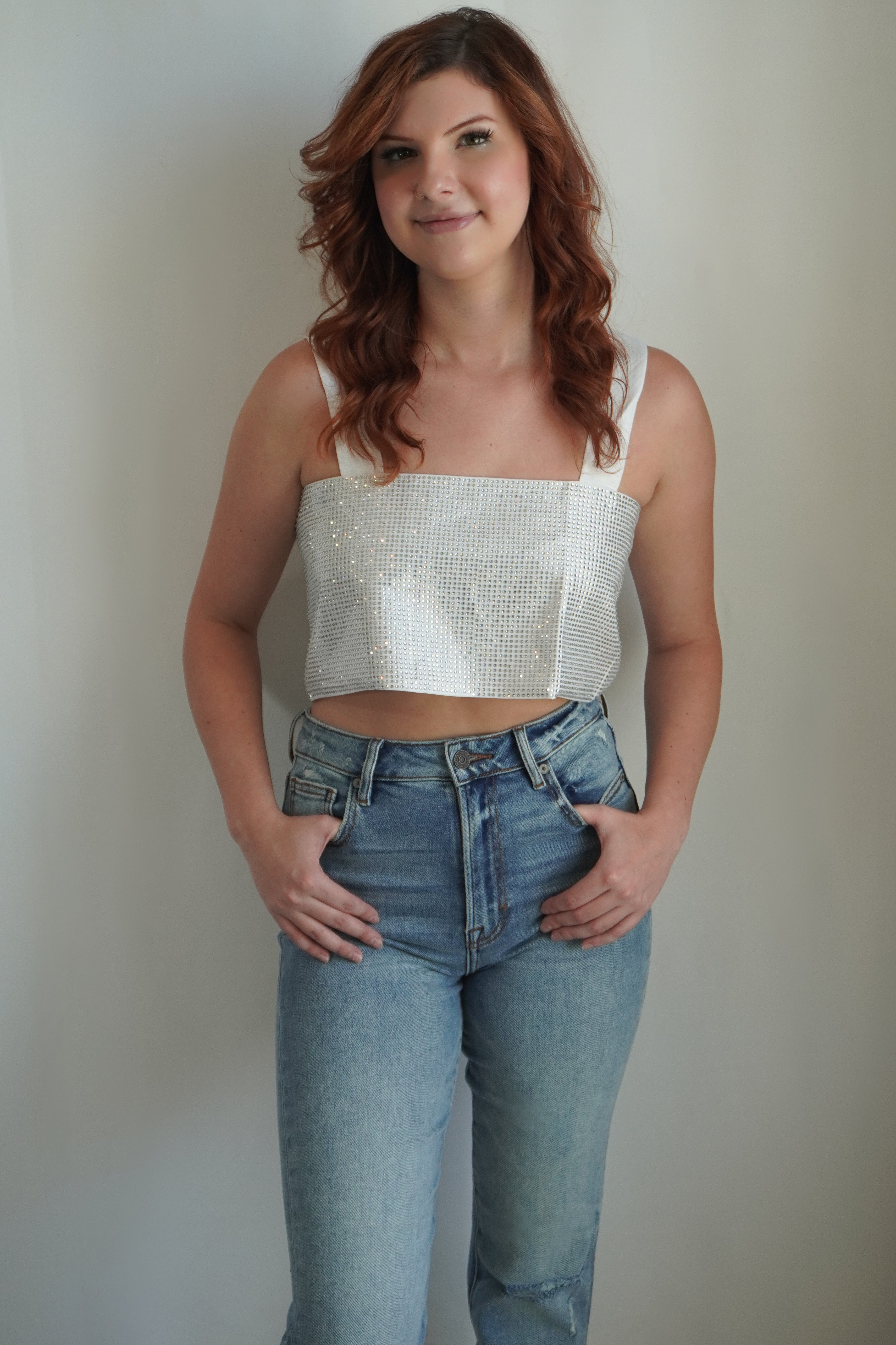 Shimmering White Asymmetric Crop Top 