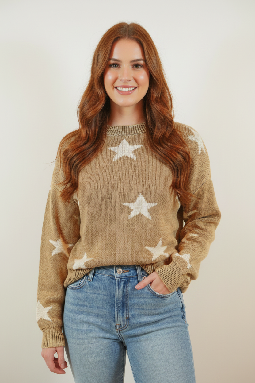 Front view - brown hair model in tan star print knit sweater