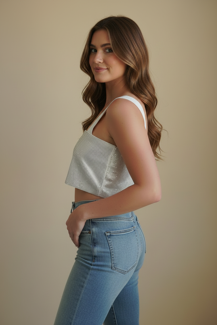 Side view - brown hair model in white shimmer crop top